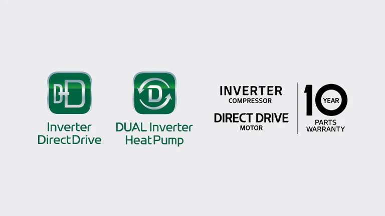 Có logo Inverter Direct Drive và logo bảo hành 10 năm.